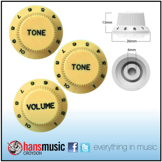 3 x Strat Style Volume / Tone Control Knobs Electric Guitar - Creme