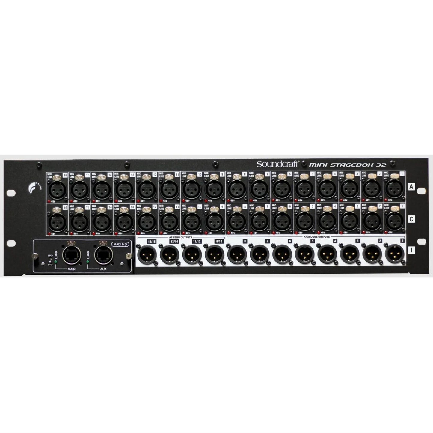 Soundcraft Mini Stagebox 32R - 32 Analog Inputs, 8 Analog Outputs, 4 Pairs AES Outputs, 3U Rackmount, Stage Connectivity Solution