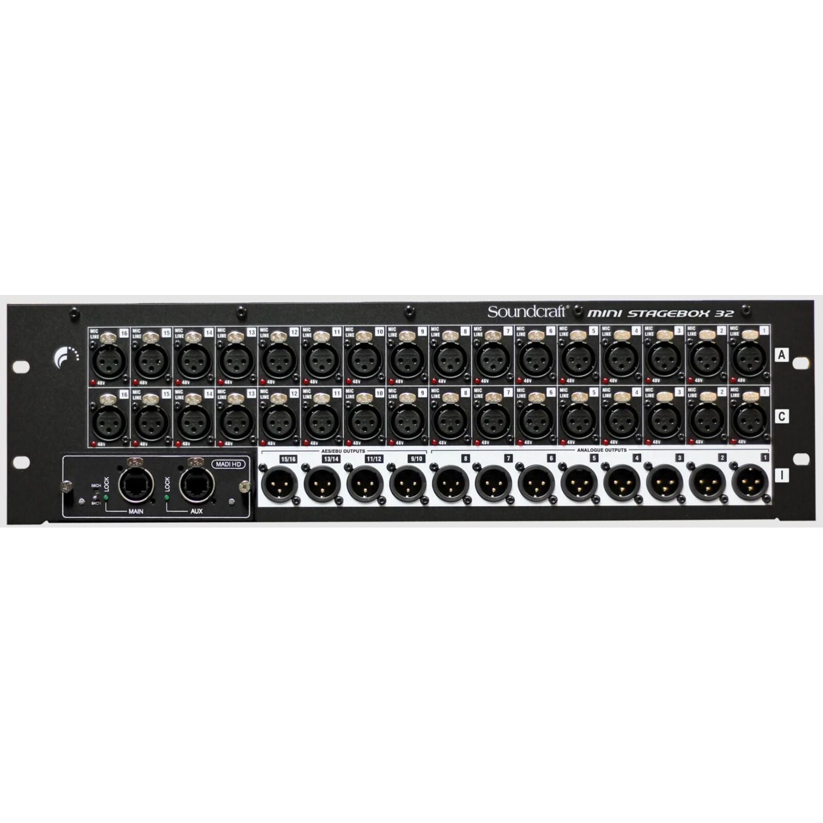 Soundcraft Mini Stagebox 32R - 32 Analog Inputs, 8 Analog Outputs, 4 Pairs AES Outputs, 3U Rackmount, Stage Connectivity Solution