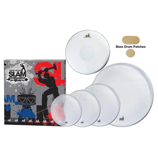 Slam Hydraulic Clear Drum Head Pack - 10"T, 12"T, 14"T, 14"S, 20"BD, 2 Ply with Snare Head & Bass Drum Patches