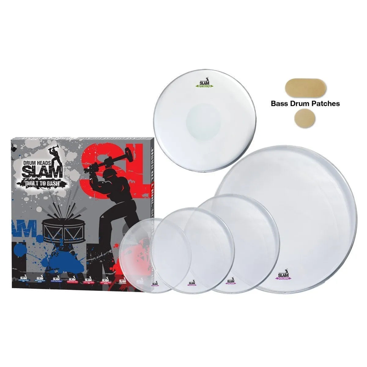 Slam Ringer Clear Drum Head Pack - 10", 12", 14", 14" Snare, 22" Bass Drum, Single Ply, Includes Bass Drum Patch