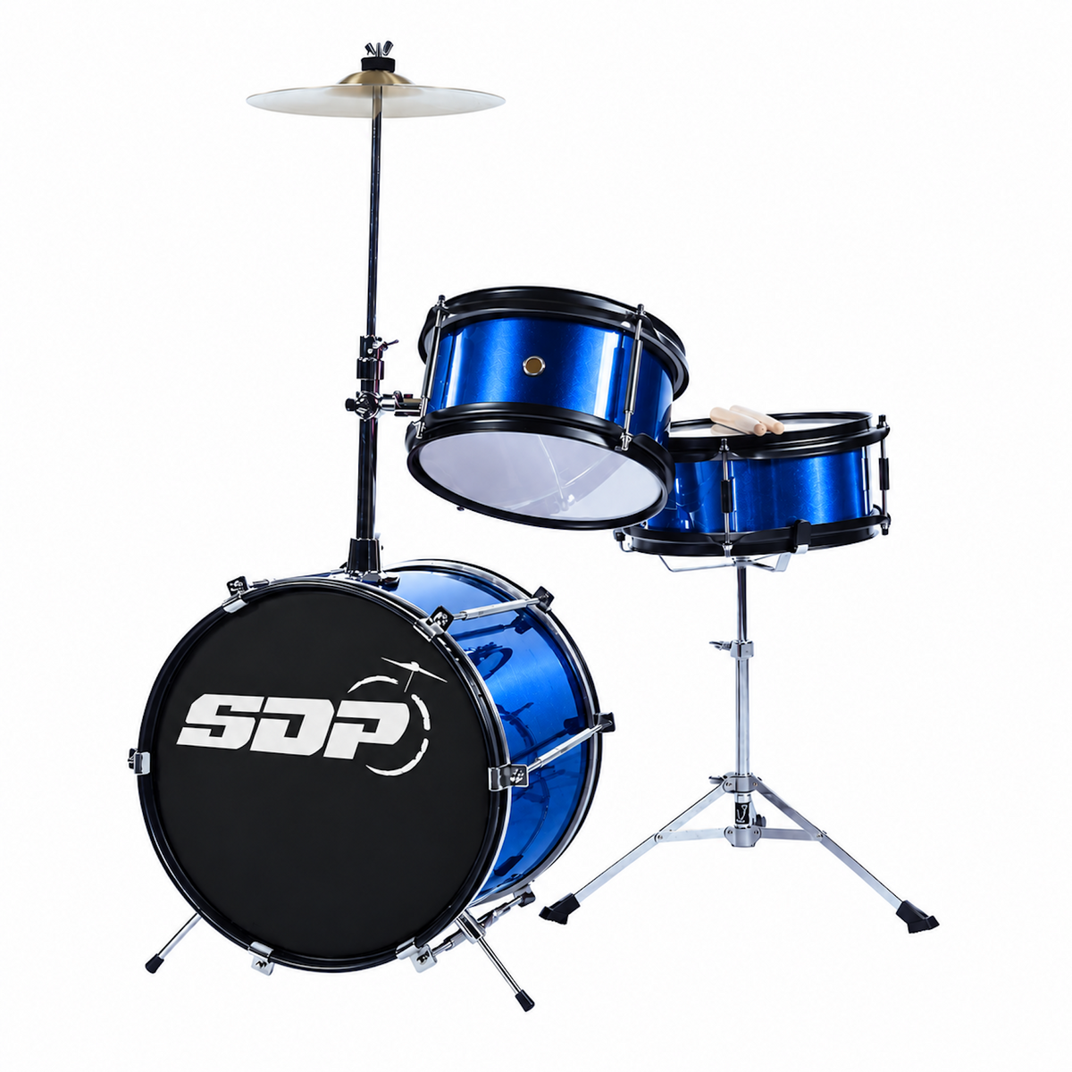 Sonic Drive 3-Piece Junior Drum Kit Metallic Blue with Basswood shells, cymbal, pedal, and sticks
