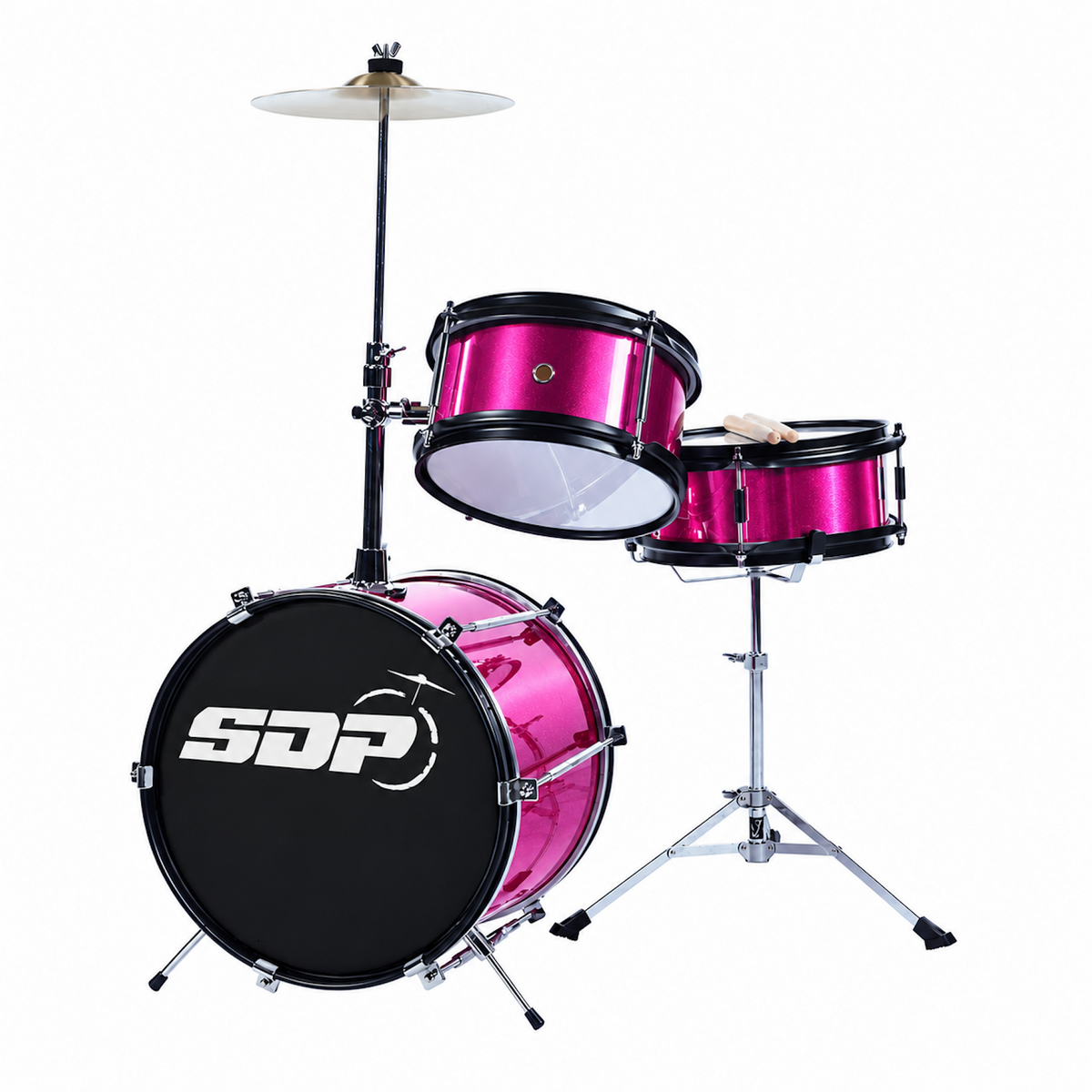 Sonic Drive 3-Piece Junior Drum Kit Metallic Pink with basswood shells, snare, tom, bass drum, cymbal holder, pedal, and drumsticks
