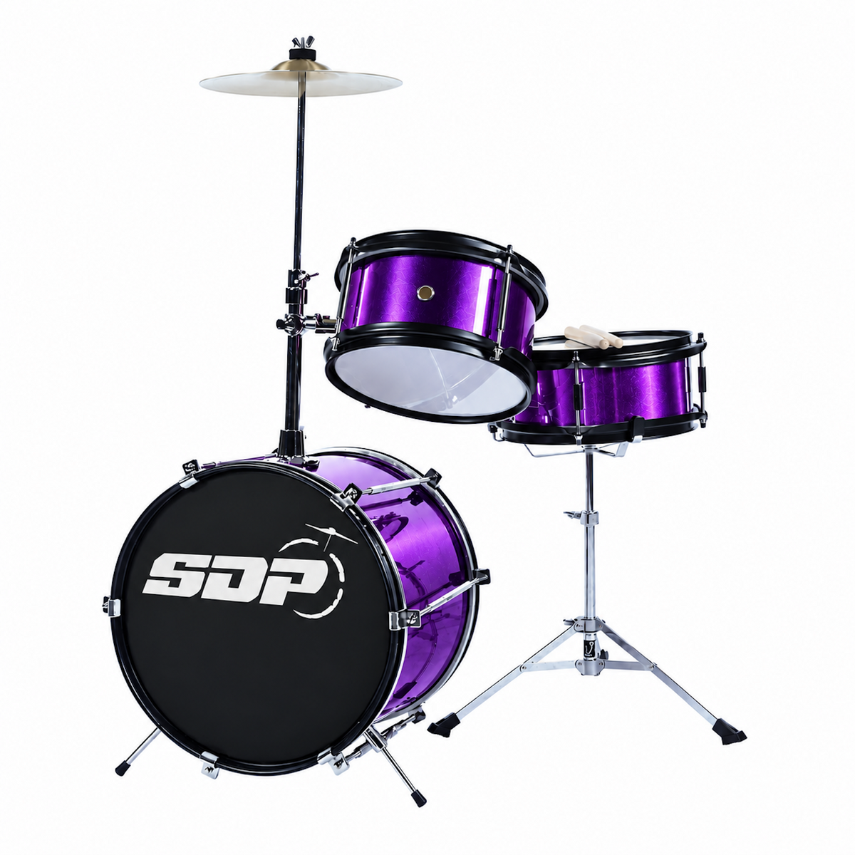 Sonic Drive 3-Piece Junior Drum Kit Purple with basswood shells, 8" tom, 8" snare, 12" bass drum, cymbal, pedal, sticks