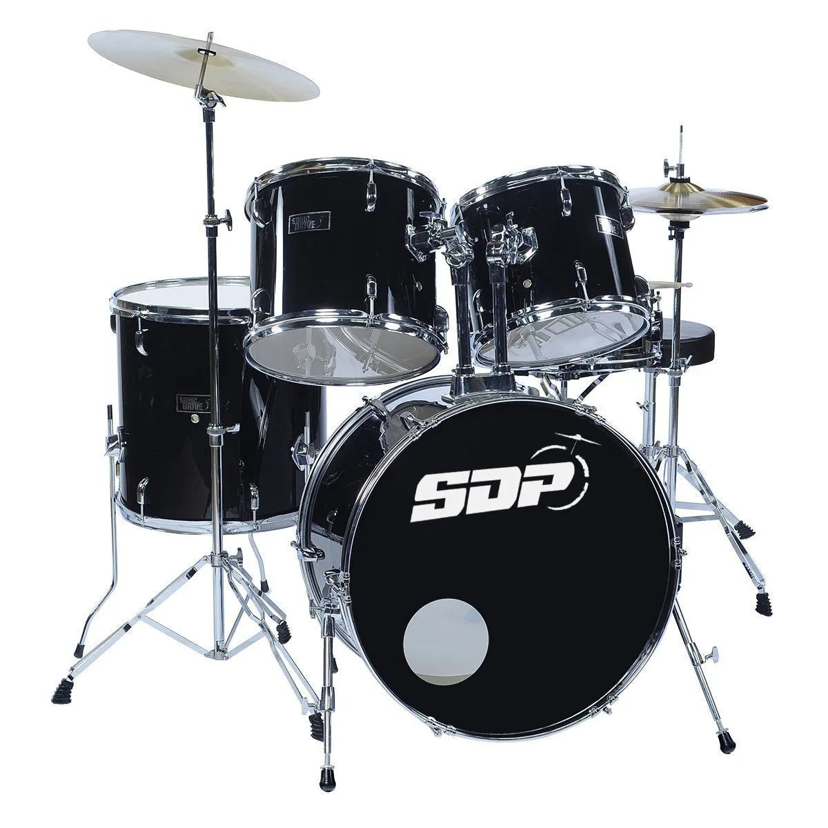 Sonic Drive 5-Piece Drum Kit with 22" Bass Drum, Basswood Shells, Chrome Hardware, Includes Stands and Cymbals, Black