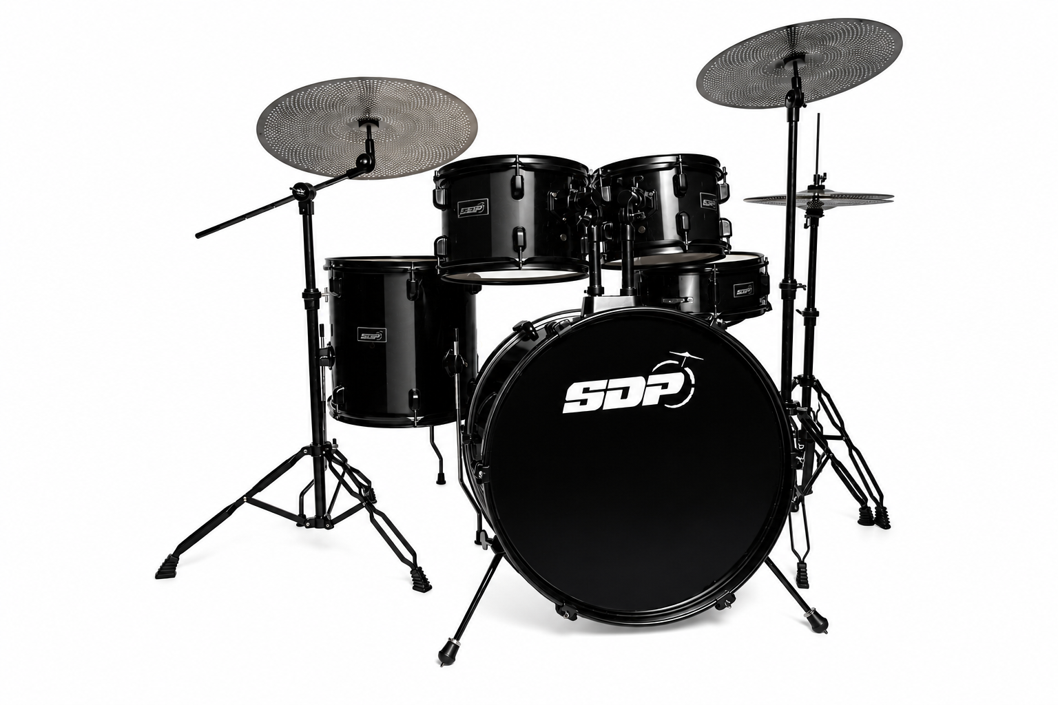 Sonic Drive 5-Piece Performer Series Drum Kit with Silent Cymbals - Full Size, Black, Includes Hardware, Stool, and Sticks