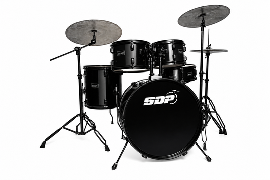 Sonic Drive 5-Piece Performer Series Drum Kit with Silent Cymbals - Full Size, Black, Includes Hardware, Stool, and Sticks
