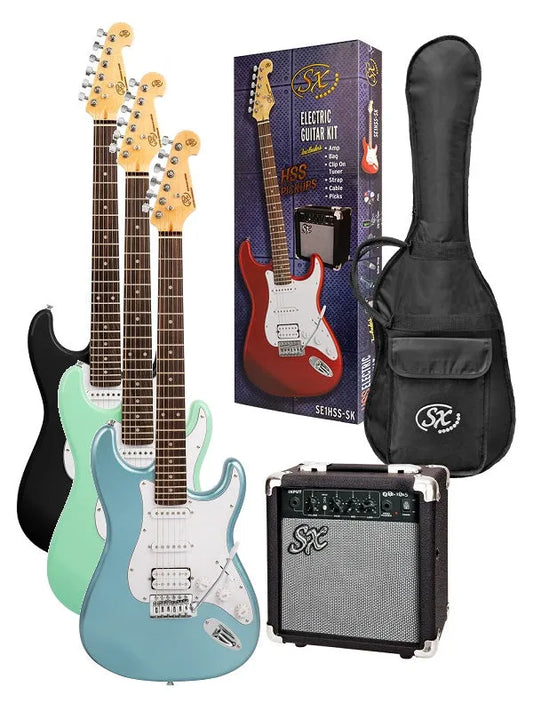 SX SE1SKH 4/4 Electric Guitar Pack with Amplifier and Accessories - Metallic Ice Blue