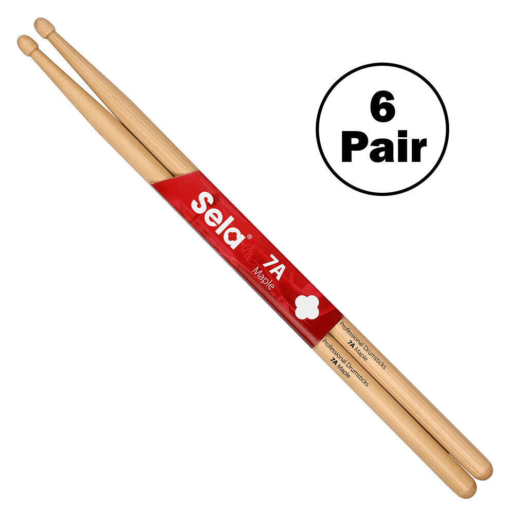 Sela Professional 7A Maple Drumsticks - 6 Pair, Wood Tip, Acorn Head, 14.2mm Diameter, 395mm Length, Natural Finish
