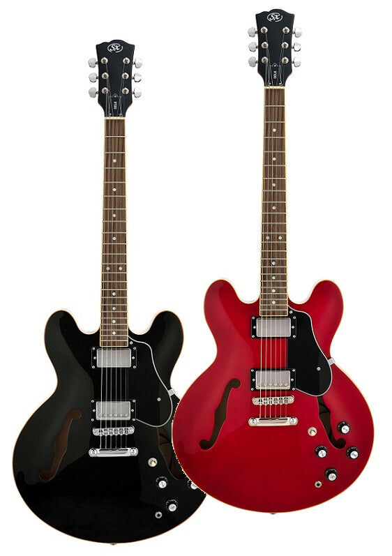 SX Semi-Hollow 335 Style Electric Guitar - Trans Red, Cream-Bound Maple Body, Dual 'F' Holes, Alnico Pickups, Rosewood Fingerboard — view 3