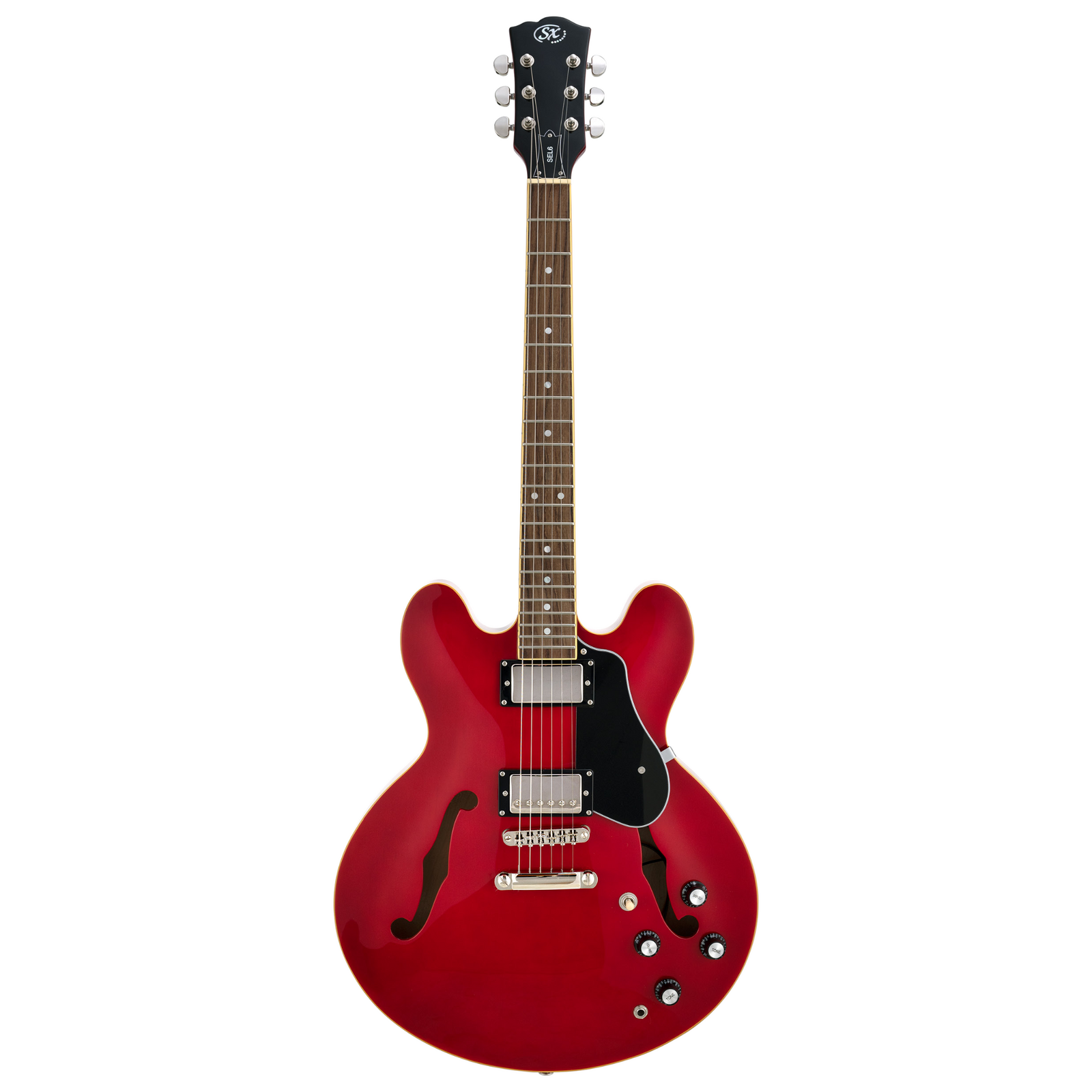 SX Semi-Hollow 335 Style Electric Guitar - Trans Red, Cream-Bound Maple Body, Dual 'F' Holes, Alnico Pickups, Rosewood Fingerboard — view 2