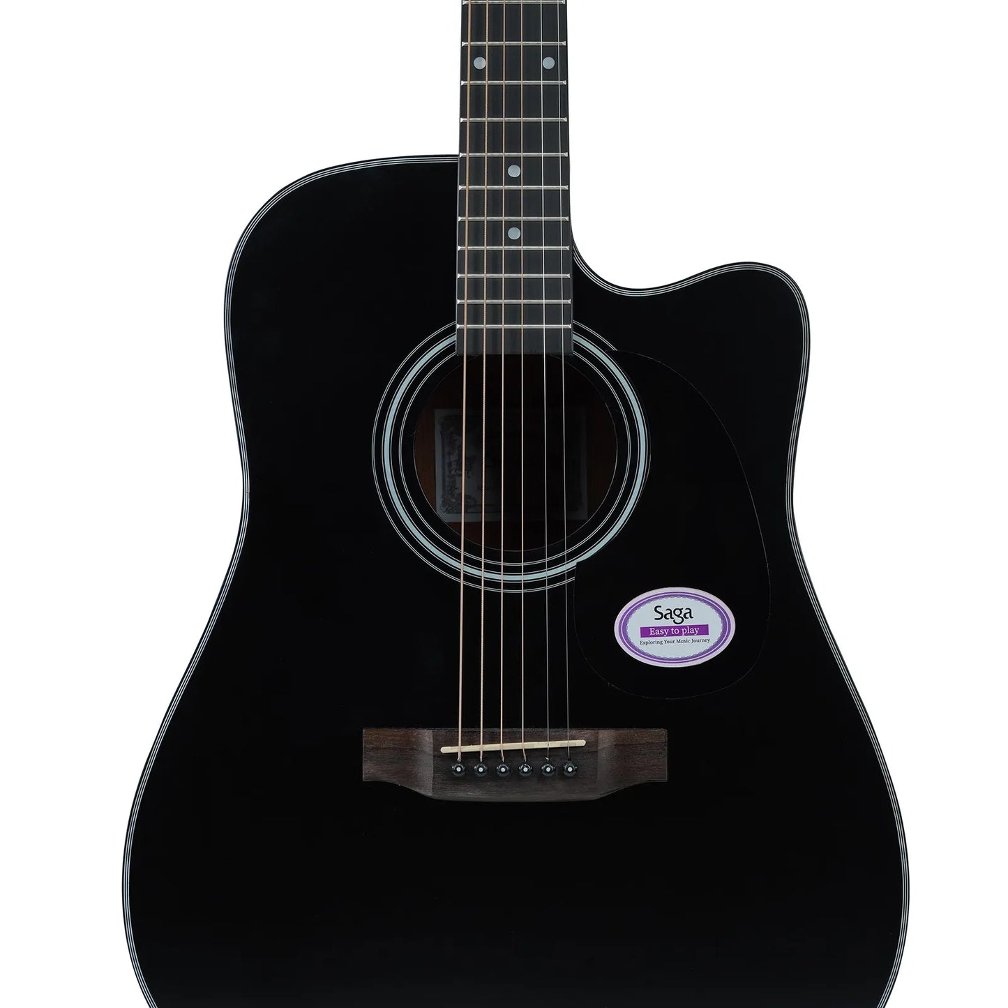 Saga SF600CE Black Dreadnought Acoustic-Electric Cutaway Guitar with E-4T Pickup and Tuner, Matte Finish, Gig Bag Included — view 3
