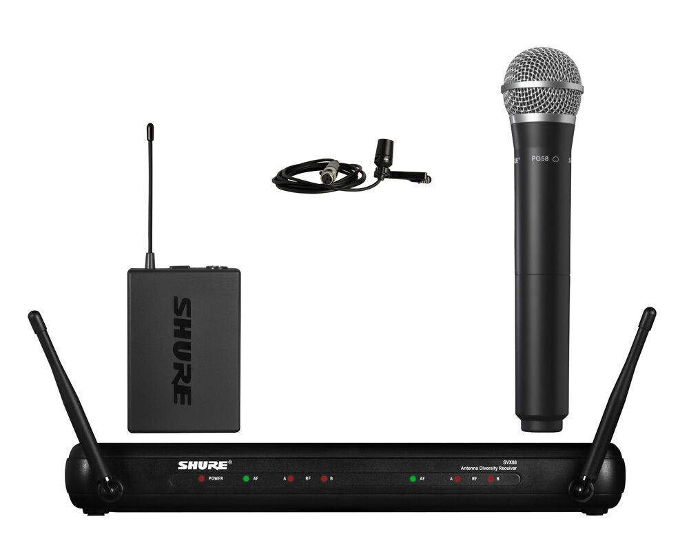 Shure SVX1288/CVL Dual Channel Combo Wireless System with PG58 Handheld & CVL Lavalier Microphone