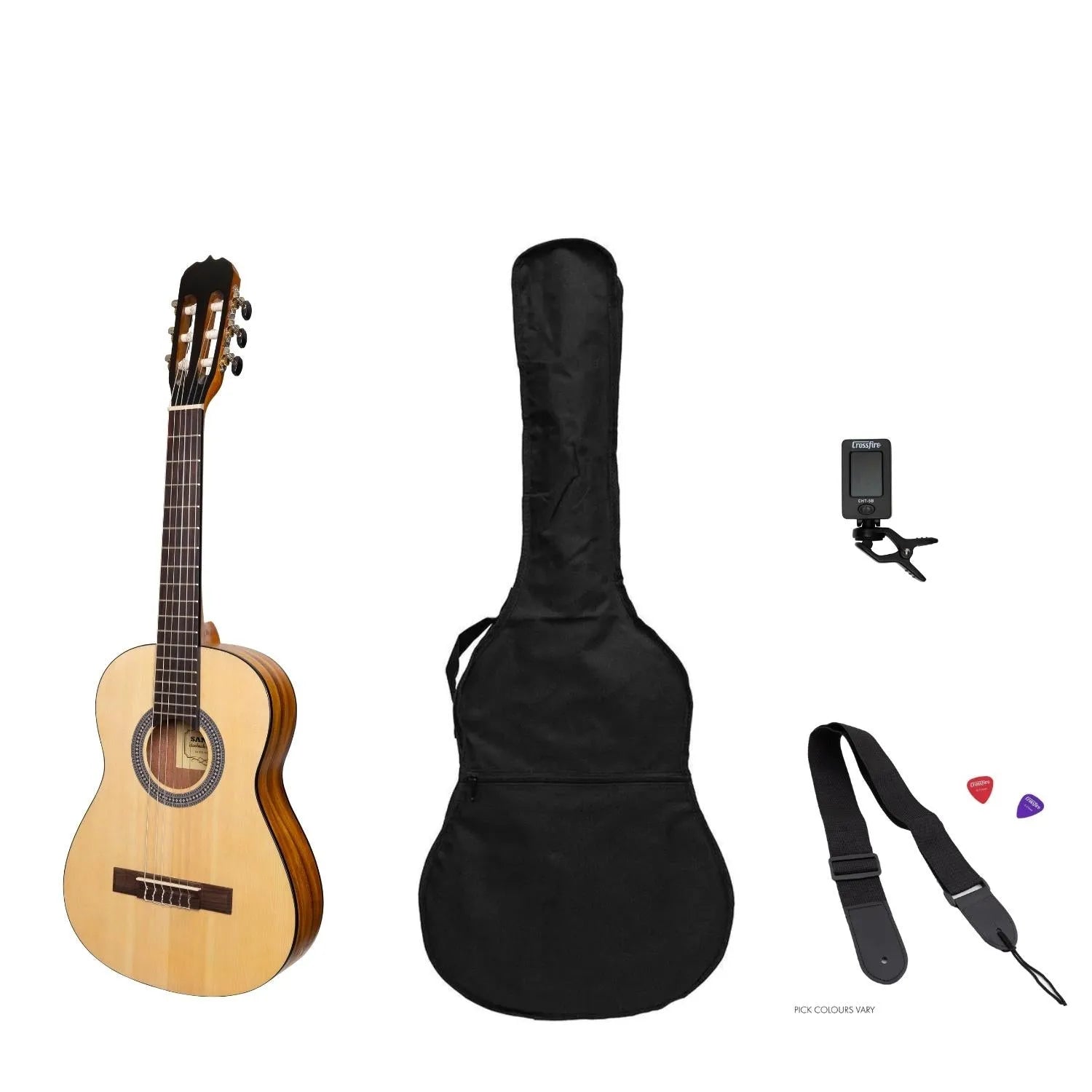 Sanchez 1/2 Size Student Classical Guitar Pack with Gig Bag, Tuner, Picks, and Strap - Natural Finish