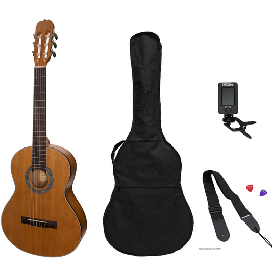 Sanchez 3/4 Size Student Classical Guitar Pack - Acacia, Left Handed Option, Complete Beginner's Set with Accessories
