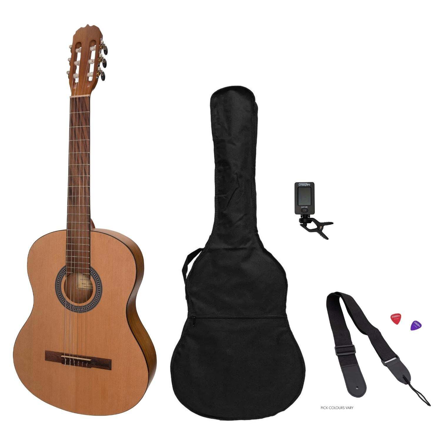 Sanchez Full-Size Student Classical Guitar Pack - Spruce/Acacia with Gig Bag, Tuner, Picks, Strap, Natural Finish