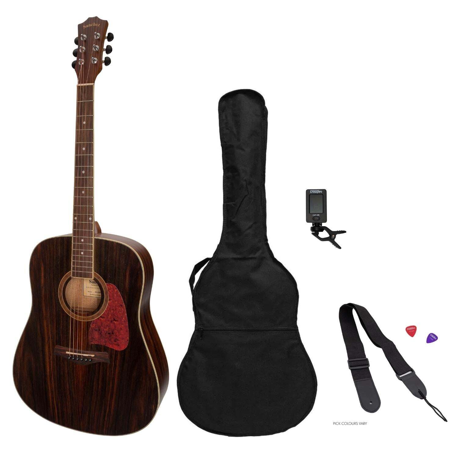 Sanchez SP-D2-RWD Acoustic Dreadnought Guitar Pack with Gig Bag and Tuner, Natural Satin Finish