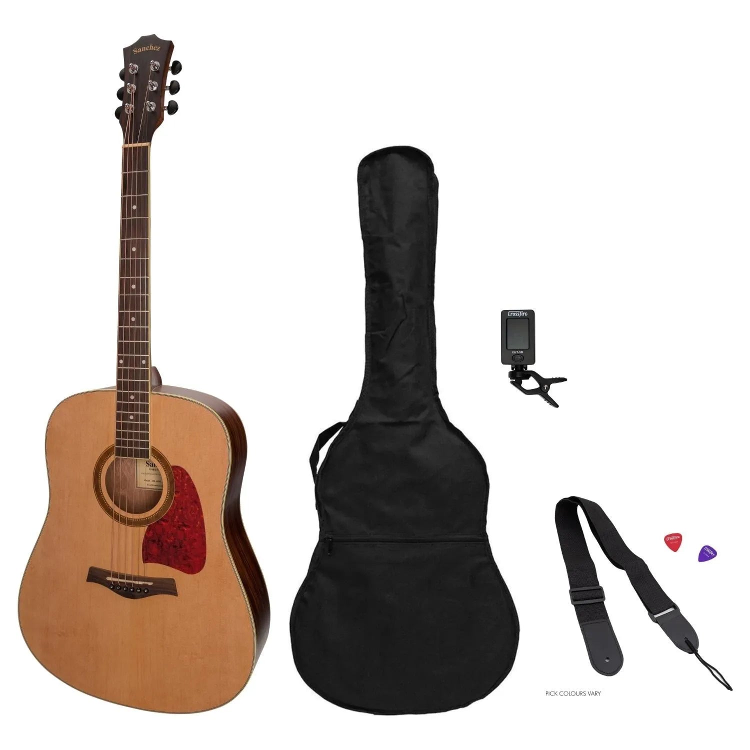 Sanchez Acoustic Dreadnought Guitar Pack with Gig Bag, Tuner, Picks, and Strap - Natural Satin