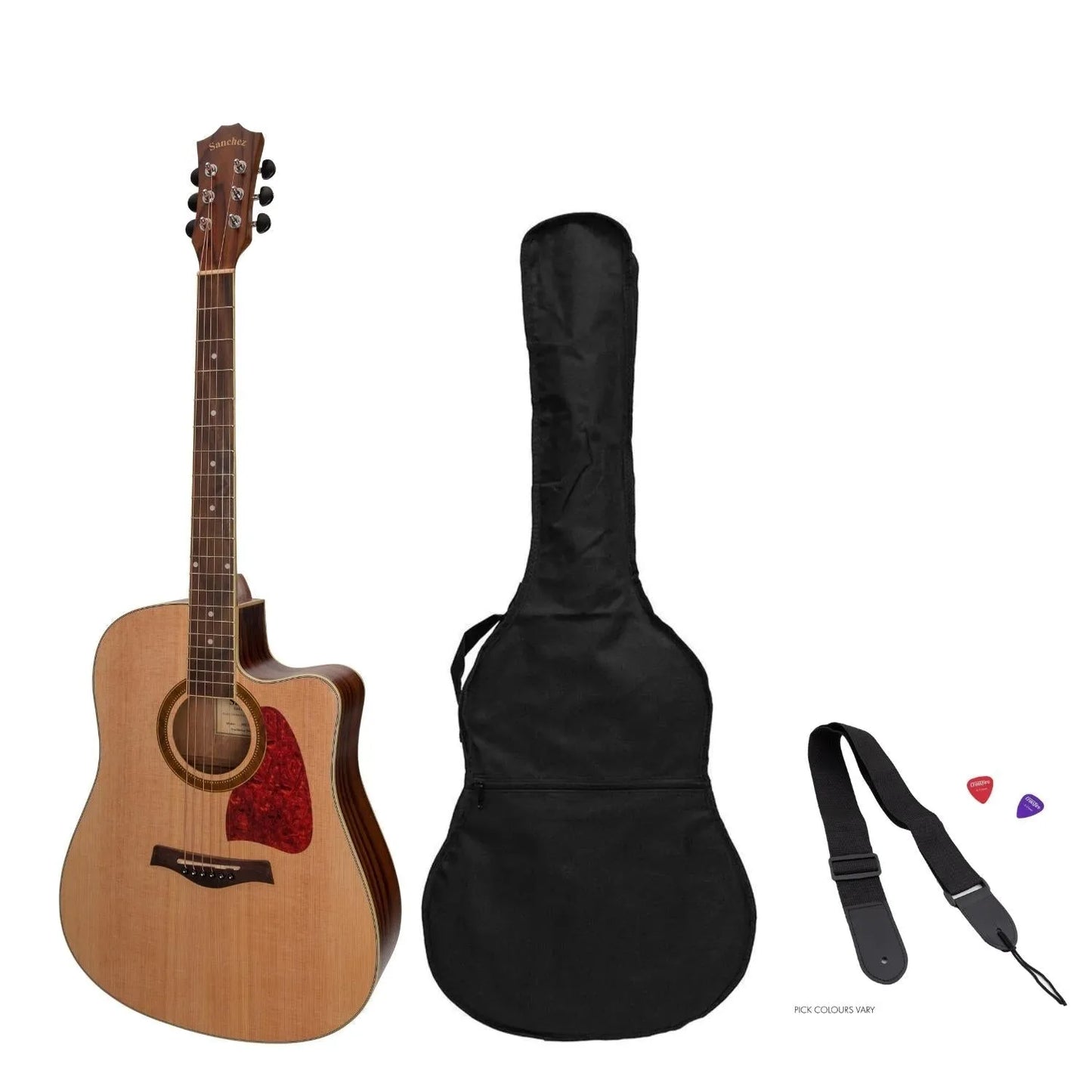 Sanchez Acoustic-Electric Dreadnought Cutaway Guitar Pack - Spruce/Rosewood with Gig Bag, Cable, Picks, and Strap