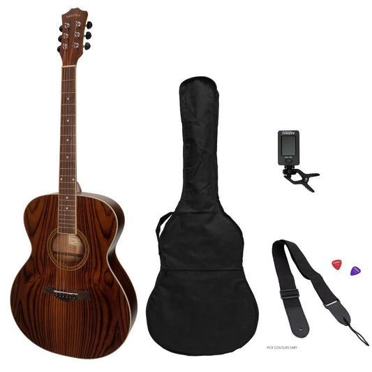 Sanchez SP-F2-RWD Acoustic Small Body Guitar Pack with Gig Bag, Tuner, Picks, and Strap - Natural Satin Finish