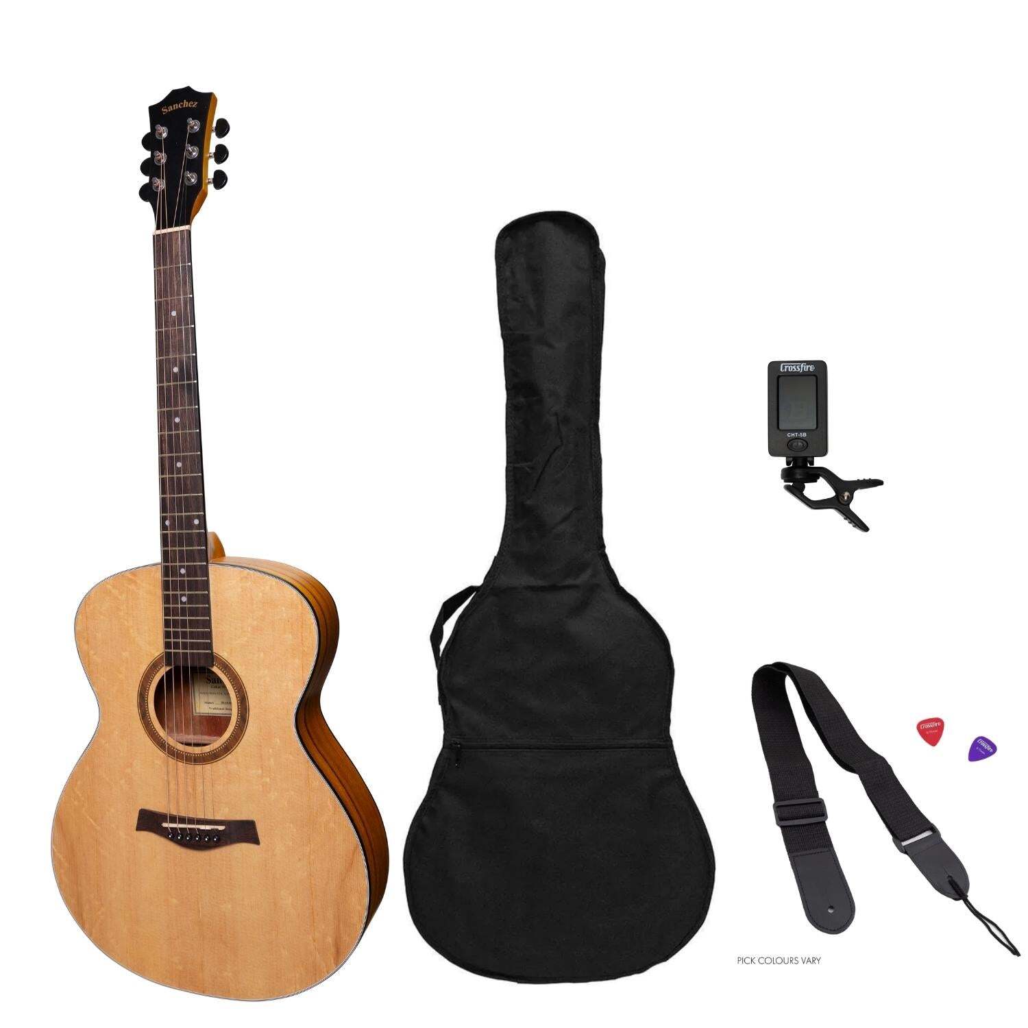 Sanchez Acoustic Small Body Guitar Pack - Spruce/Koa, Right Handed, 6 Strings, Includes Gig Bag, Tuner, Picks, Strap