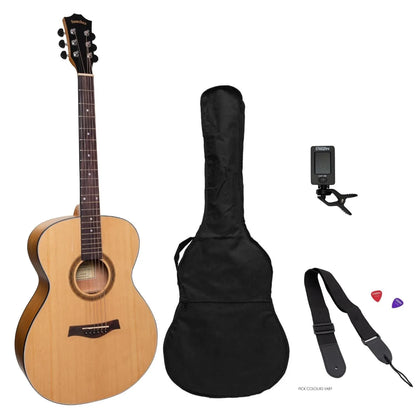 Sanchez Left Handed Acoustic Small Body Guitar Pack - Spruce/Acacia, Includes Bag, Tuner, Picks, Strap