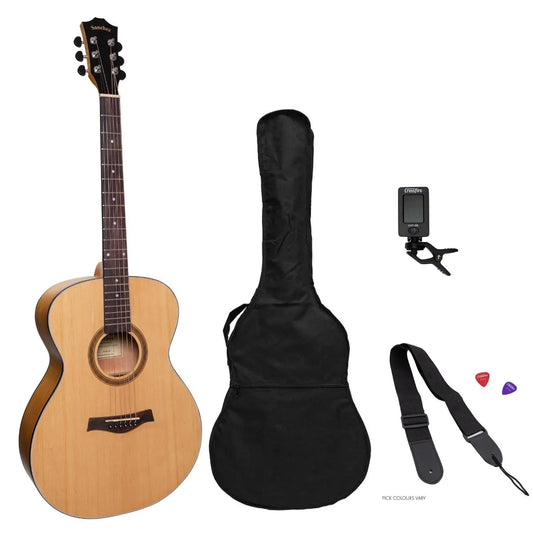 Sanchez Left Handed Small Body Acoustic Guitar Pack - Spruce/Acacia, Includes Gig Bag, Tuner, Picks & Strap