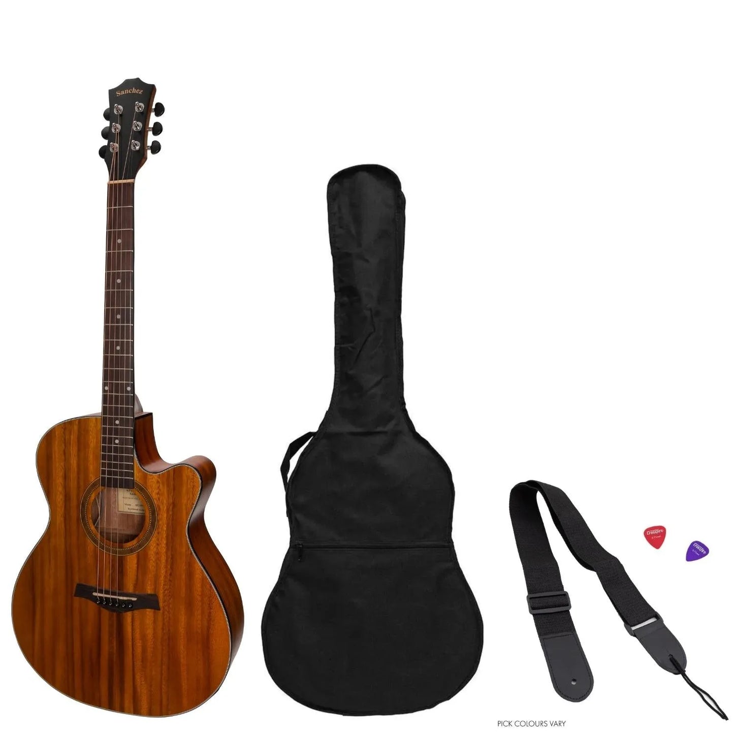 Sanchez SP-F4-KOA Acoustic-Electric Small Body Cutaway Guitar Pack with Gig Bag, Picks, and Strap