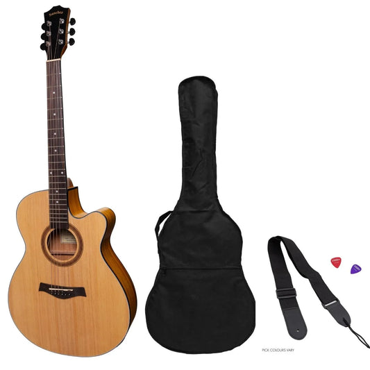 Sanchez Acoustic-Electric Small Body Cutaway Guitar Pack - Spruce/Koa, Model SP-F4-SK, Includes Gig Bag, Picks, Strap, Natural Satin Finish
