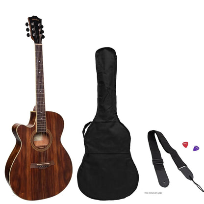 Sanchez Left Handed Acoustic-Electric Small Body Cutaway Guitar Pack with Gig Bag, Picks, and Strap - Model SP-F4L-RWD