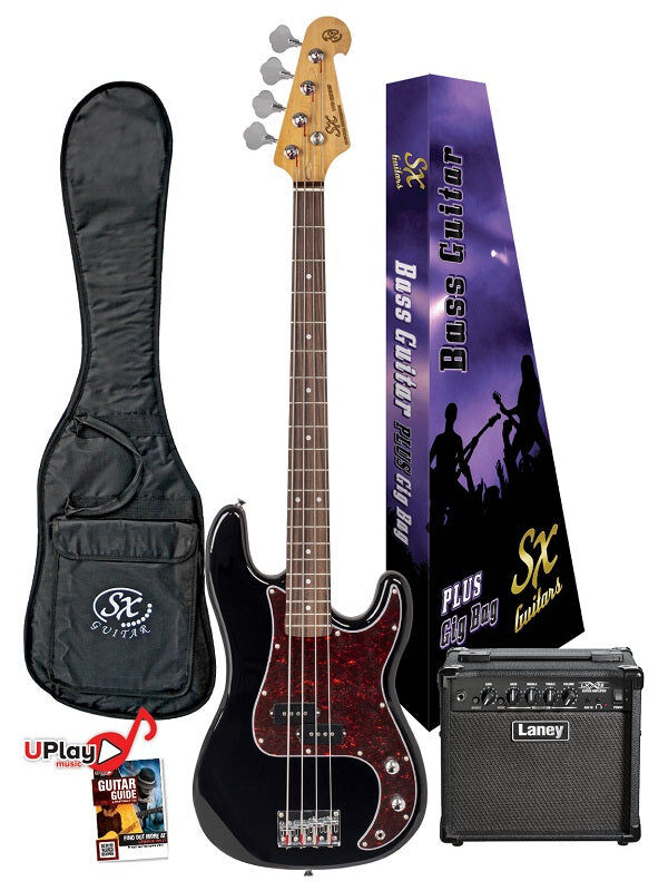 SX Vintage Style Bass Guitar and LX15B Amp Pack with Gig Bag and Accessories — view 3