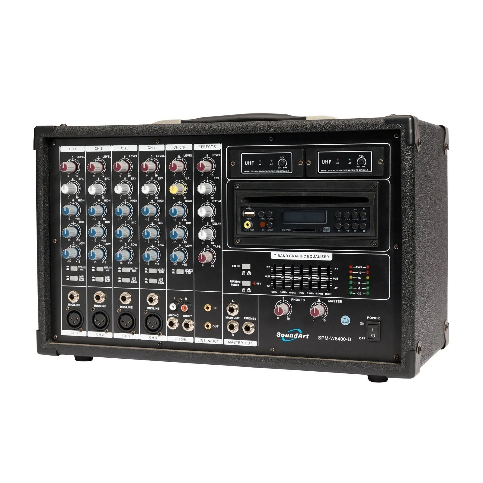 SoundArt 6 Channel 400 Watt Dual Wireless Powered Mixer PA System with DVD Player and Microphones — view 2