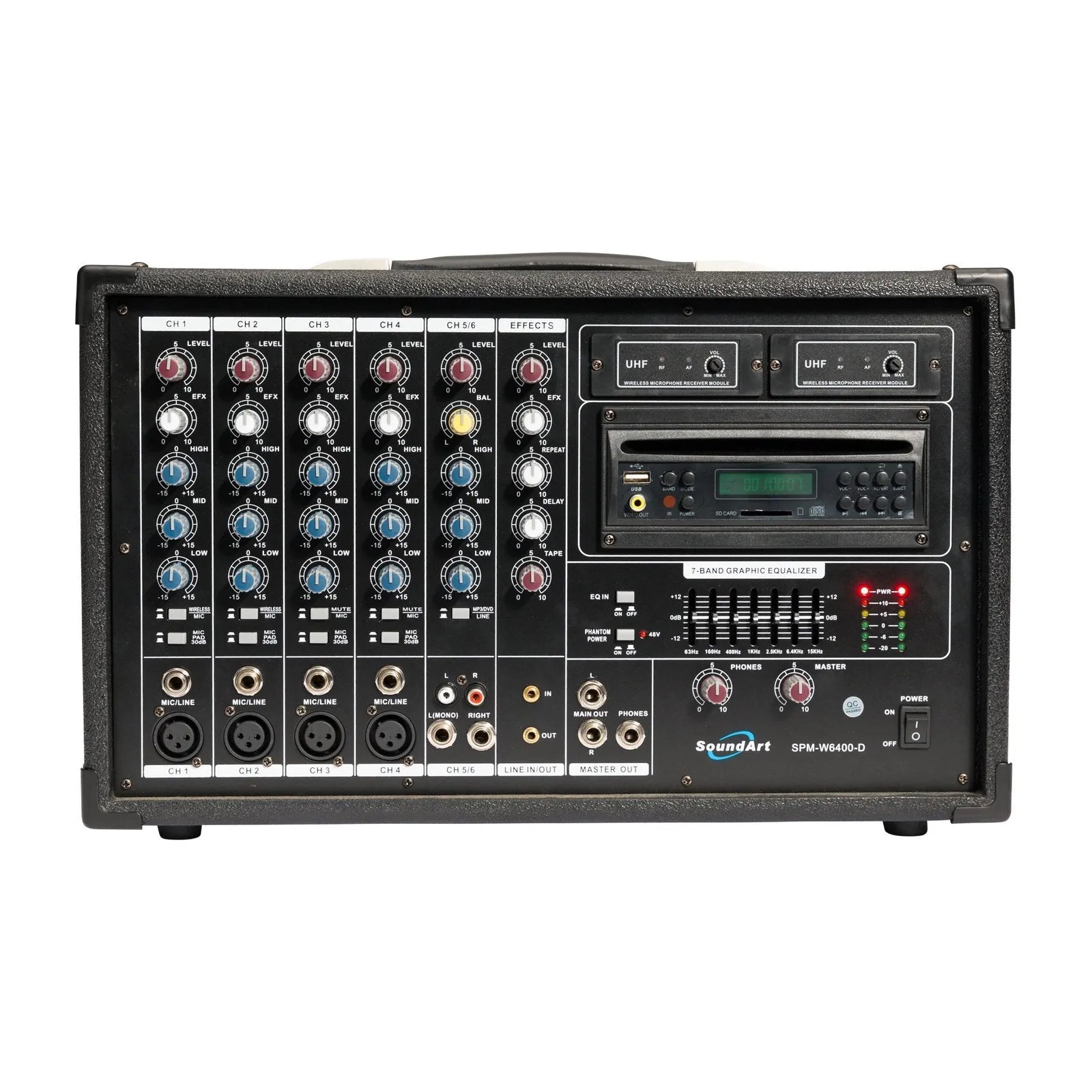 SoundArt 6 Channel 400 Watt Dual Wireless Powered Mixer PA System with DVD Player and Microphones