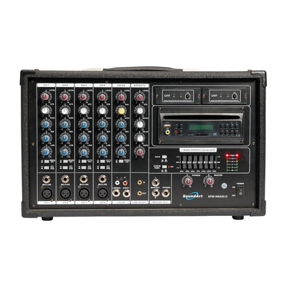 SoundArt 6 Channel 400 Watt Dual Wireless Powered Mixer PA System with DVD Player and Microphones
