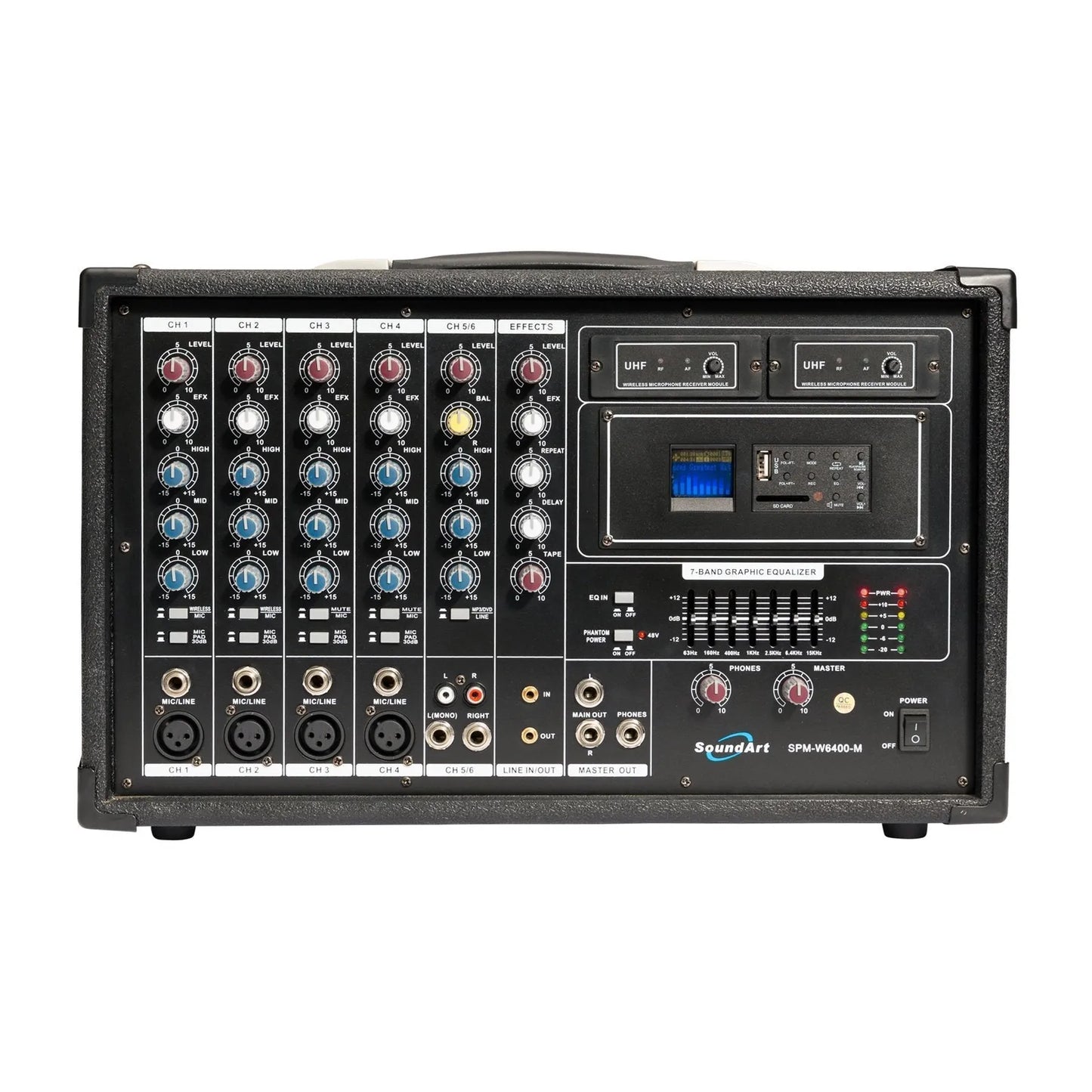 SoundArt 6 Channel 400W Dual Wireless Powered Mixer PA System with MP3 Player, Microphones, Effects, EQ, Remote Control, Transport Cover