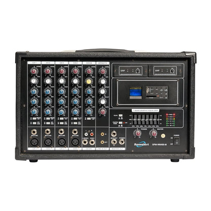 SoundArt 6 Channel 400W Dual Wireless Powered Mixer PA System with MP3 Player, Microphones, Effects, EQ, Remote Control, Transport Cover