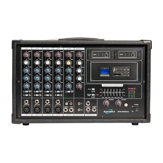 SoundArt 6 Channel 400W Dual Wireless Powered Mixer PA System with MP3 Player, Microphones, Effects, EQ, Remote Control, Transport Cover