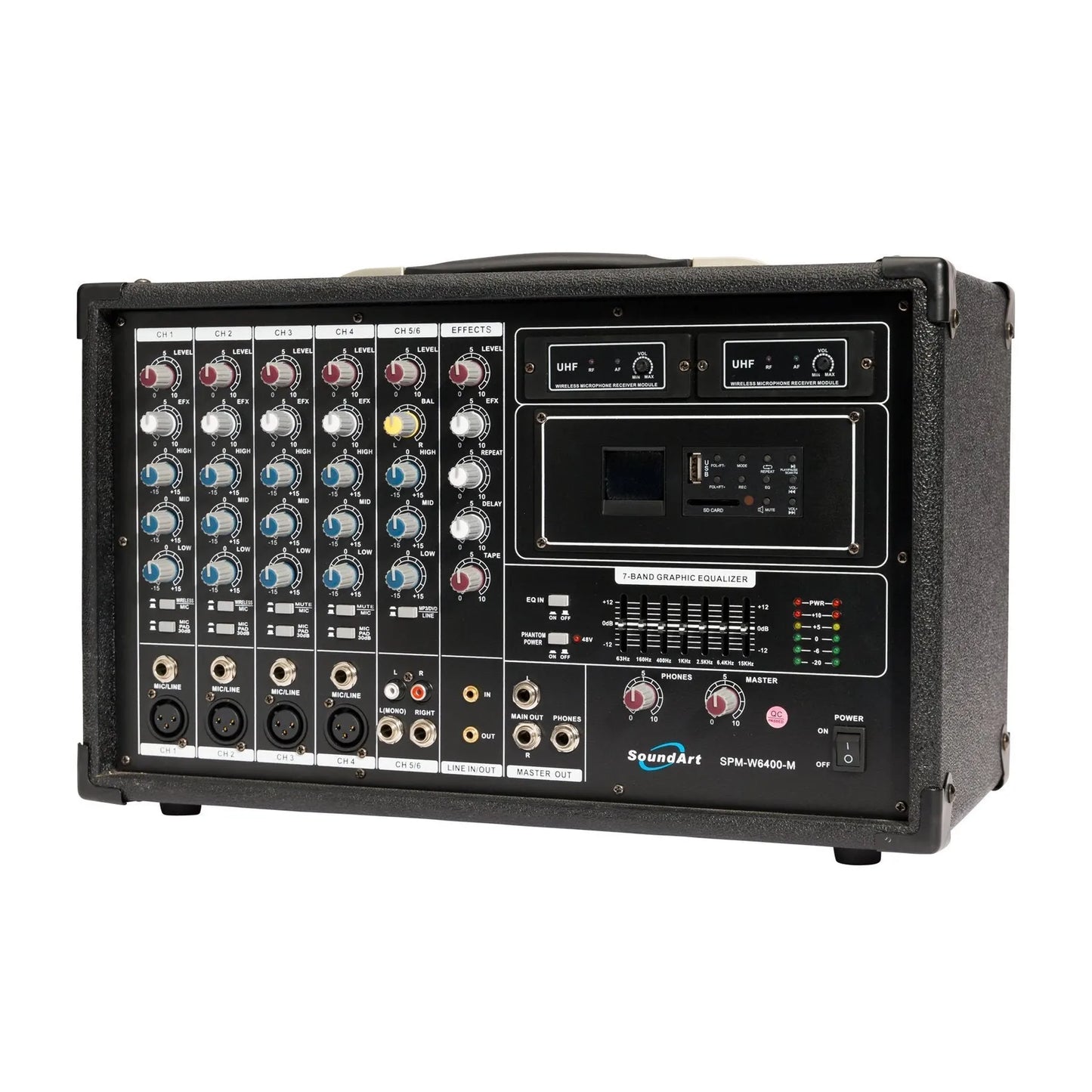 SoundArt 6 Channel 400W Dual Wireless Powered Mixer PA System with MP3 Player, Microphones, Effects, EQ, Remote Control, Transport Cover — view 2
