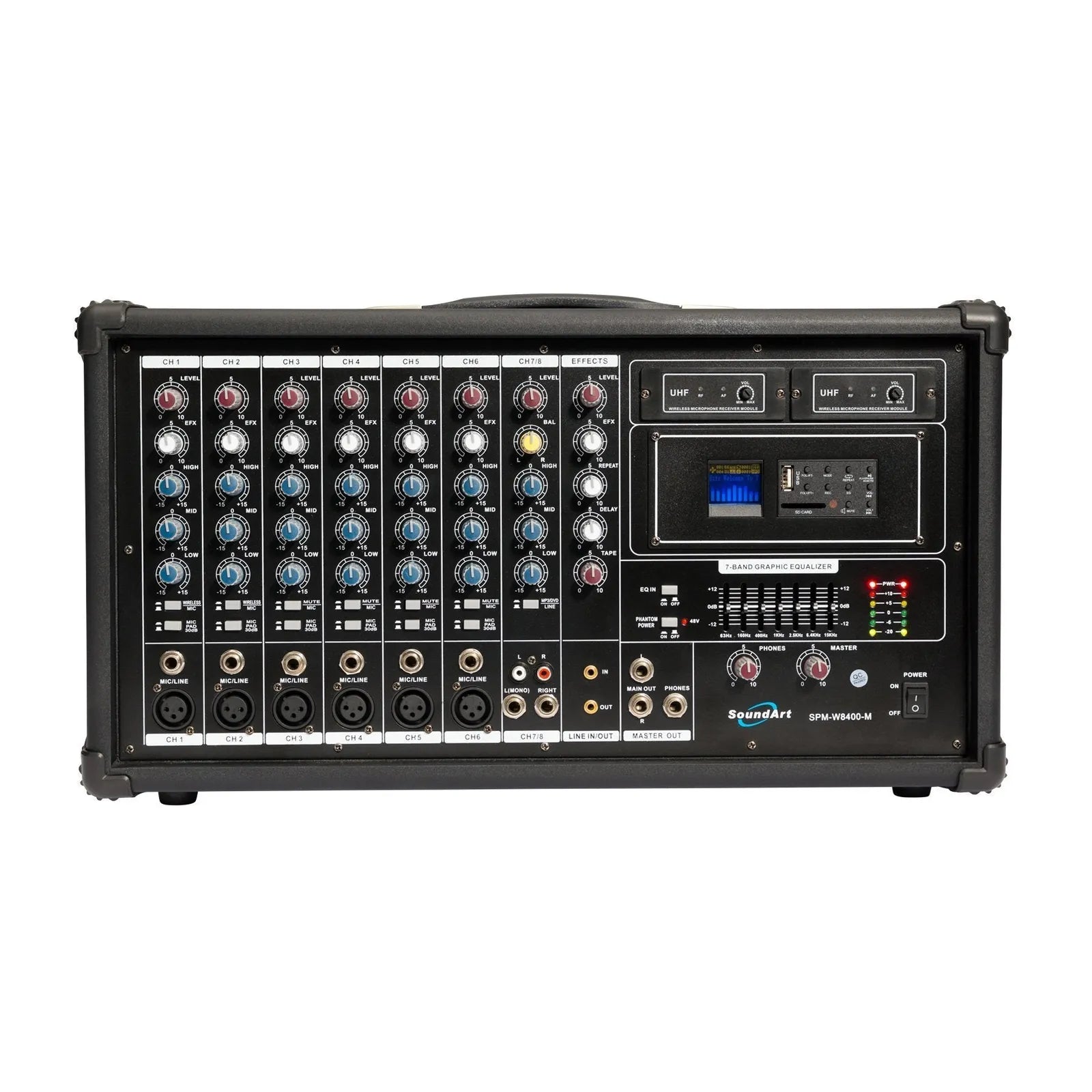 SoundArt 8 Channel 400 Watt Dual Wireless Powered Mixer PA System with MP3 Player and Microphones