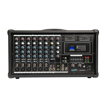SoundArt 8 Channel 400 Watt Dual Wireless Powered Mixer PA System with MP3 Player and Microphones