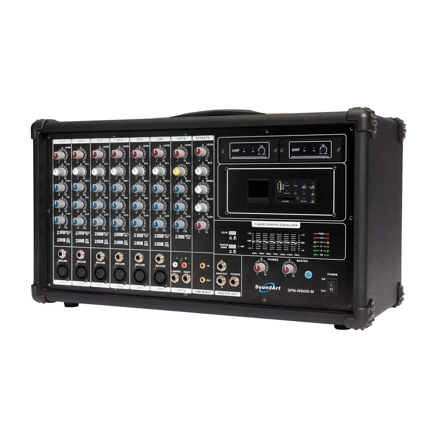 SoundArt 8 Channel 400 Watt Dual Wireless Powered Mixer PA System with MP3 Player and Microphones — view 2