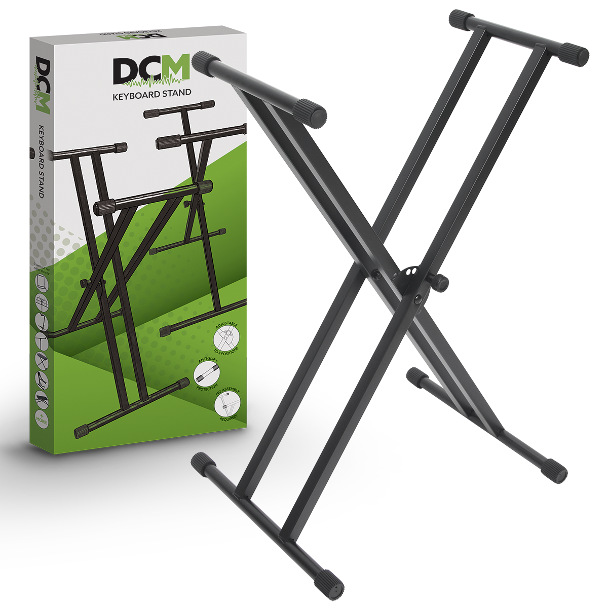 DCM STKXW-D02 Double Braced Keyboard Stand - Pre-assembled, Black, Lever Position Change, Rubber Ends, Display Box Included