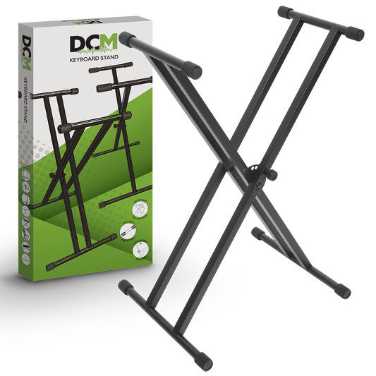 DCM STKXW-D02 Double Braced Keyboard Stand - Pre-assembled, Black, Lever Position Change, Rubber Ends, Display Box Included