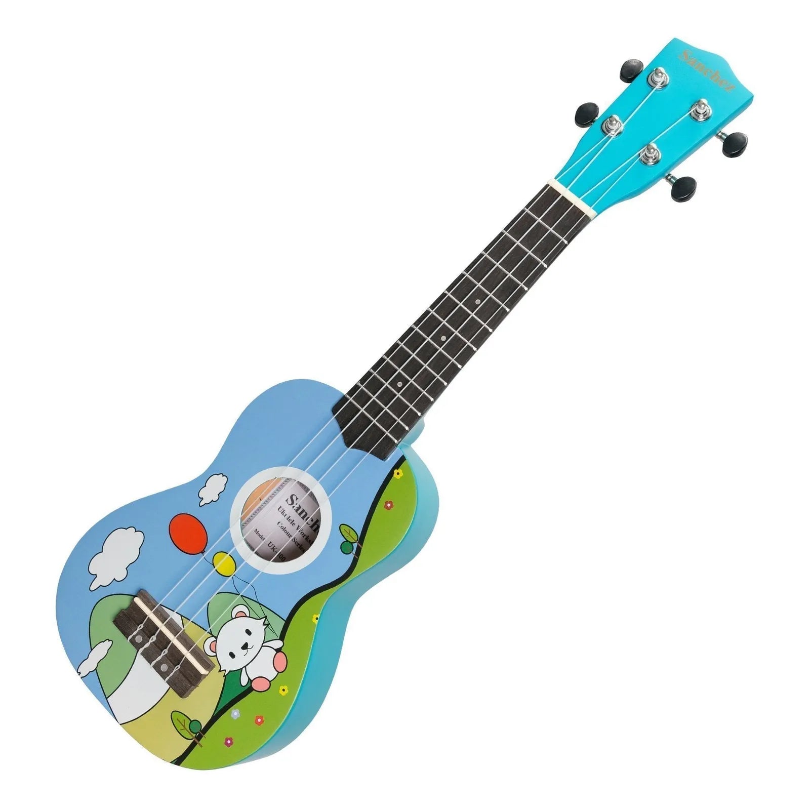 Sanchez Friendly Folk Soprano Ukulele Blue with Balloon Bear Design and Gig Bag — view 3