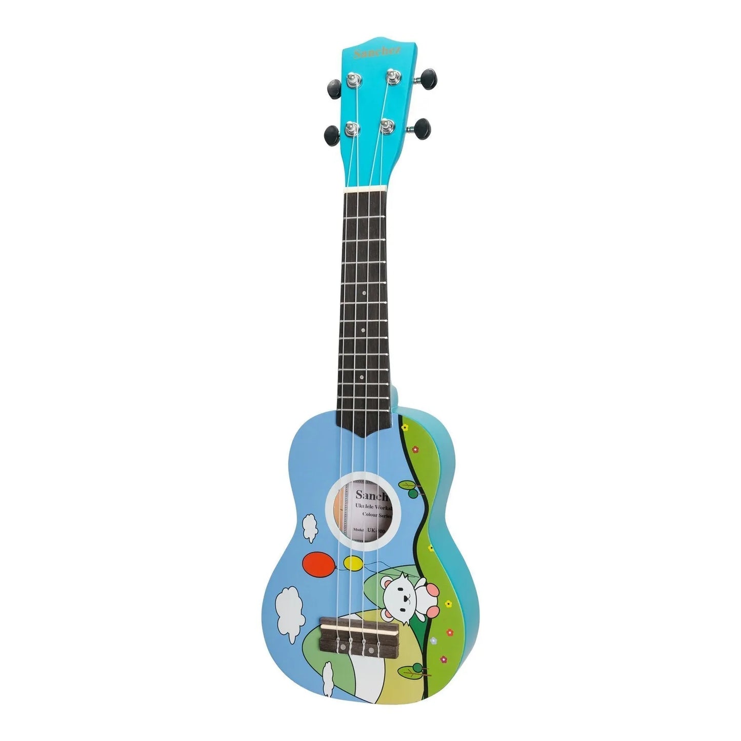 Sanchez Friendly Folk Soprano Ukulele Blue with Balloon Bear Design and Gig Bag