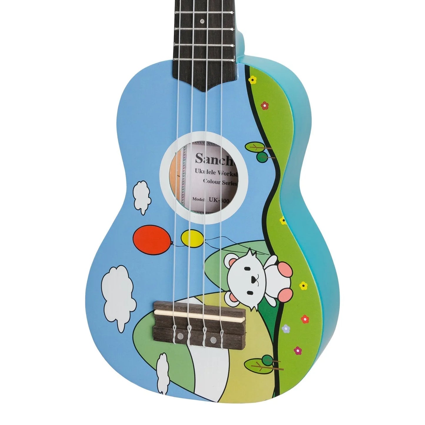 Sanchez Friendly Folk Soprano Ukulele Blue with Balloon Bear Design and Gig Bag — view 4