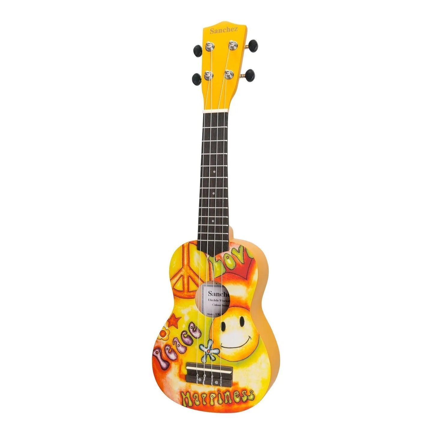Sanchez Friendly Folk Soprano Ukulele Yellow Hippy with Gig Bag