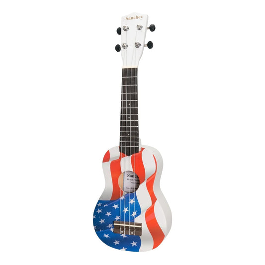 Sanchez Friendly Folk Soprano Ukulele White USA Flag with Gig Bag