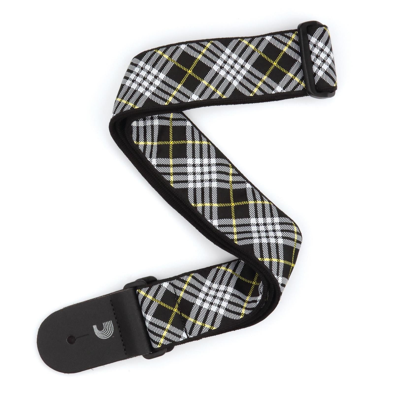 Woven Guitar Strap, Tartan - Black, White, and Yellow, by D'Addario