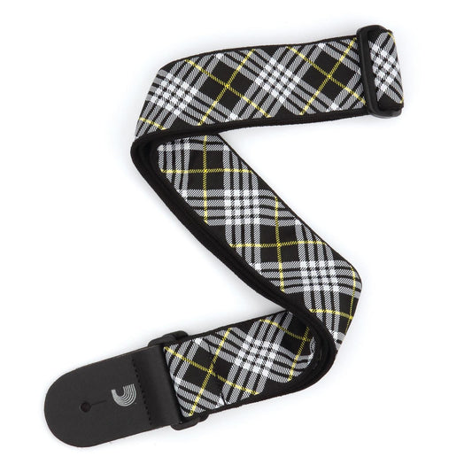 Woven Guitar Strap, Tartan - Black, White, and Yellow, by D'Addario